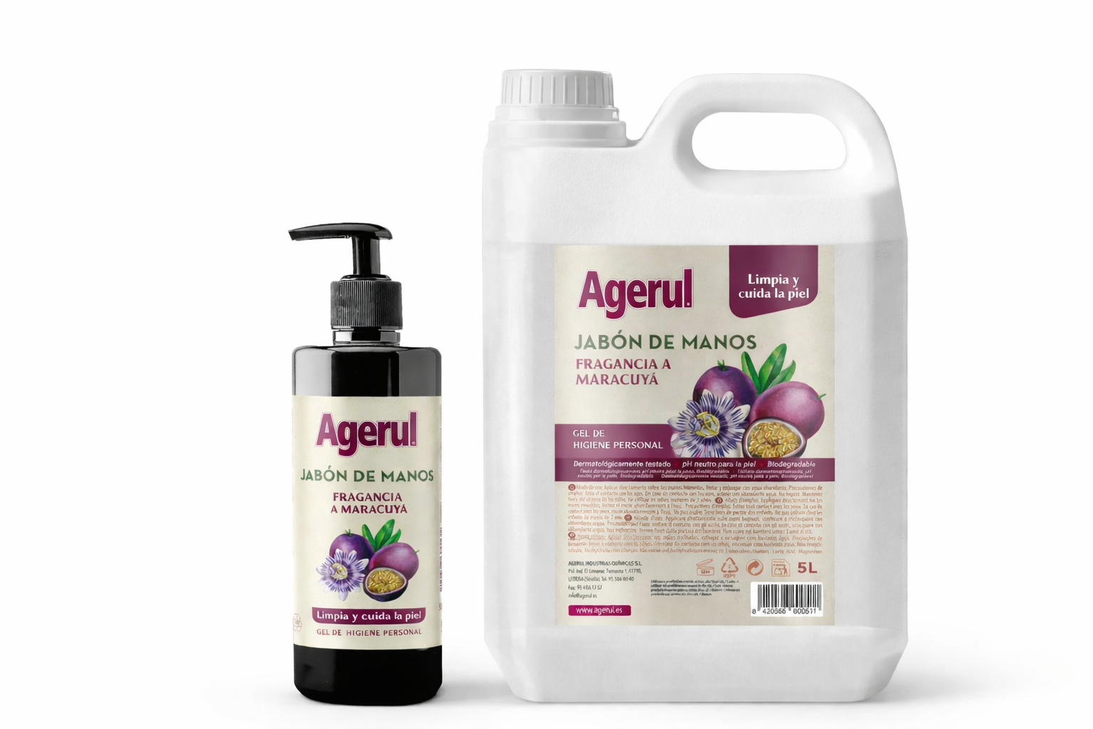 Pack Refill Jabón de Manos Maracuyá Agerul – Dosificador 300ml + envase refill 5 L