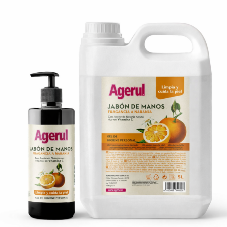 Pack Refill Jabón de Manos Naranja Agerul – Dosificador 300ml + envase refill 5 L