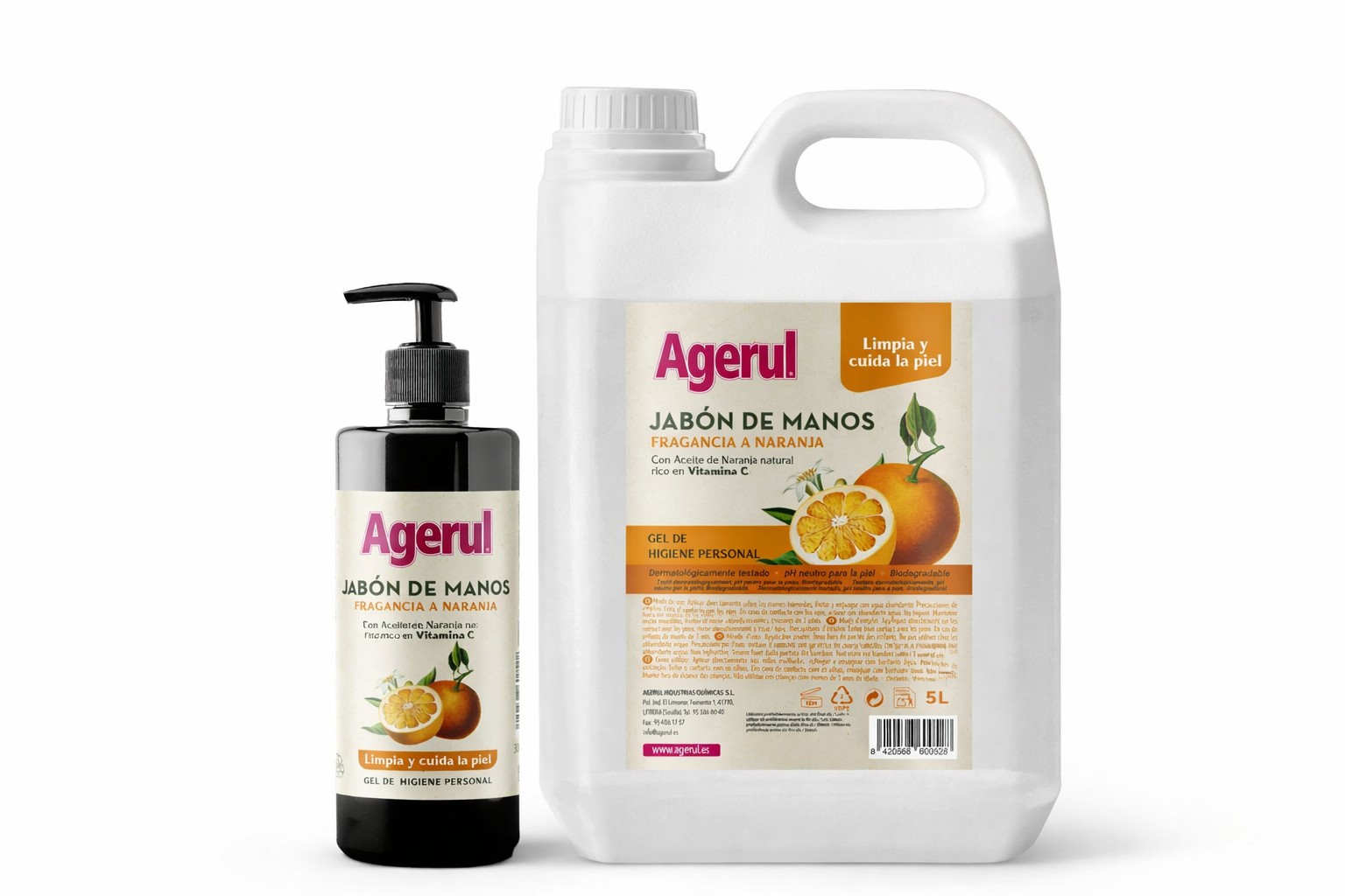Pack Refill Jabón de Manos Naranja Agerul – Dosificador 300ml + envase refill 5 L